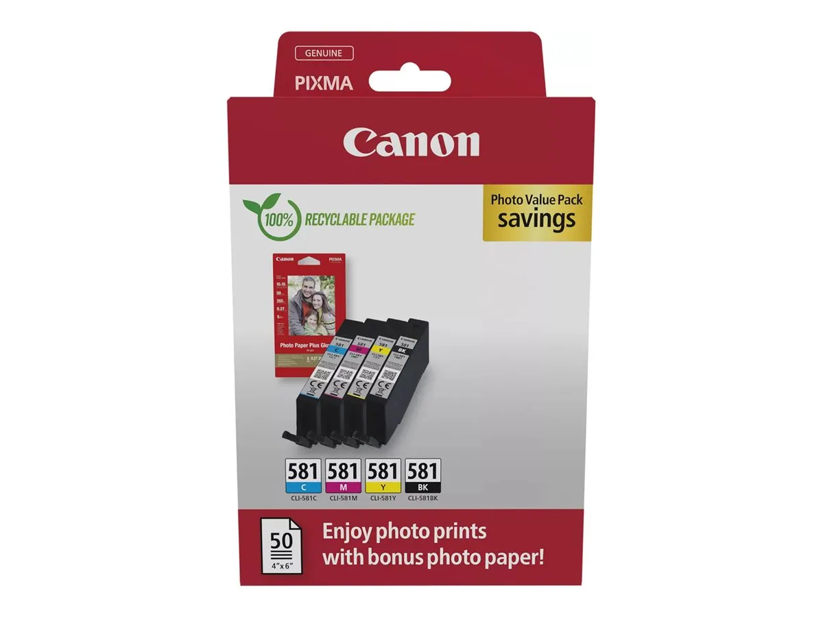 Canon CLI-581 / 2106C006 Tinten Sparset schwarz, cyan, magenta, gelb (4 Stück) & 50 Blatt Fotopapier