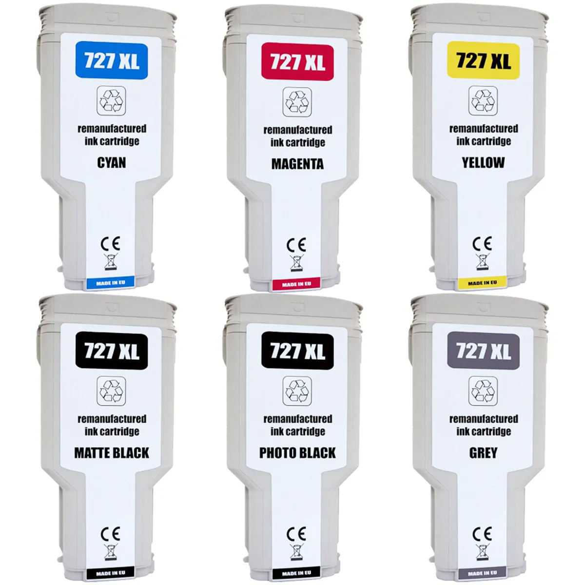 XL Tinten Sparset kompatibel zu HP 727 / F9J76A / F9J77A / F9J78A / C1Q12A / F9J79A / F9J80A cyan, magenta, gelb, matt schwarz, photo schwarz, grau  (6 Stück)