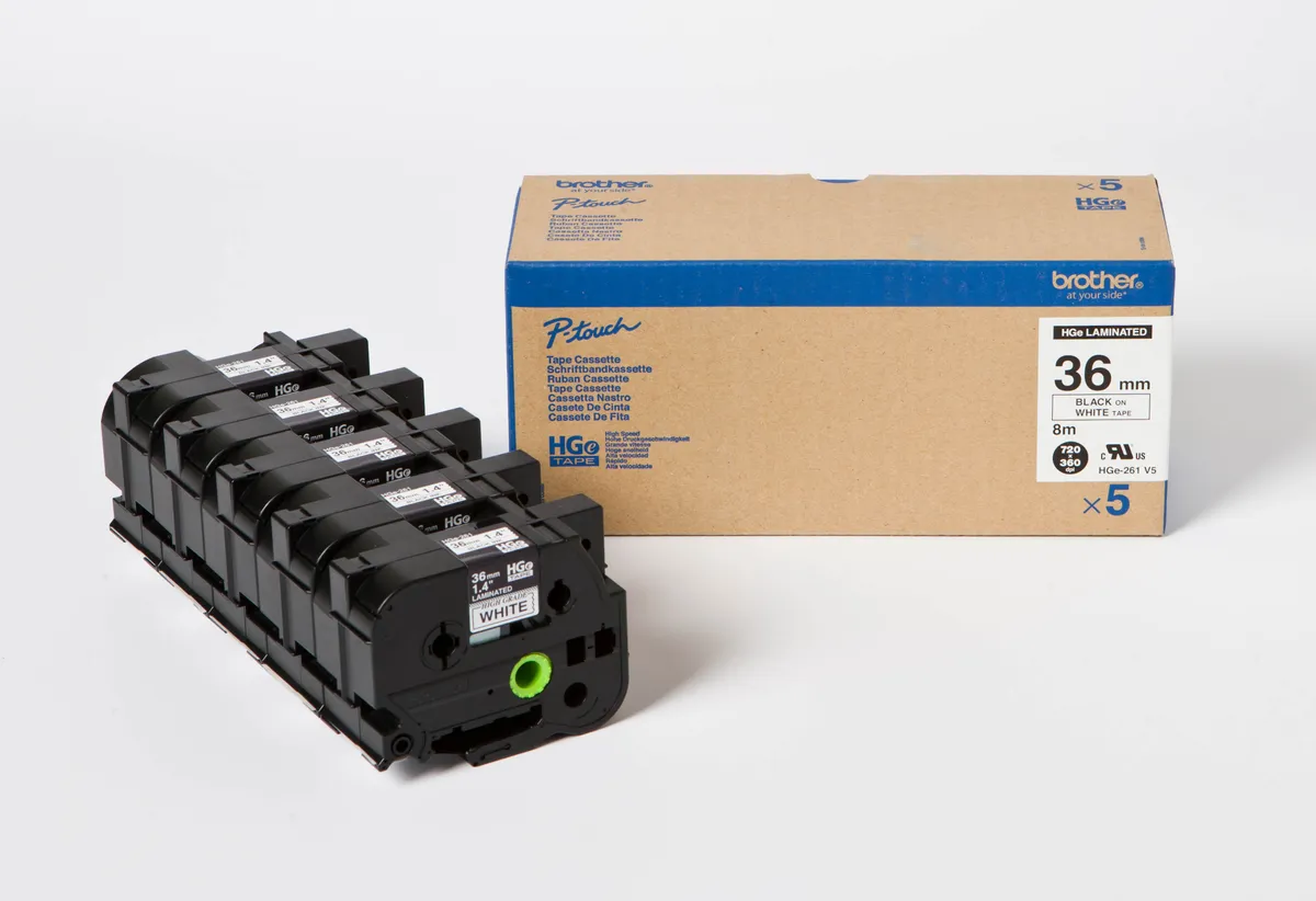 Brother HGE-261V5 Schriftband schwarz auf weiß (36mm x 8m, 5 Stück)