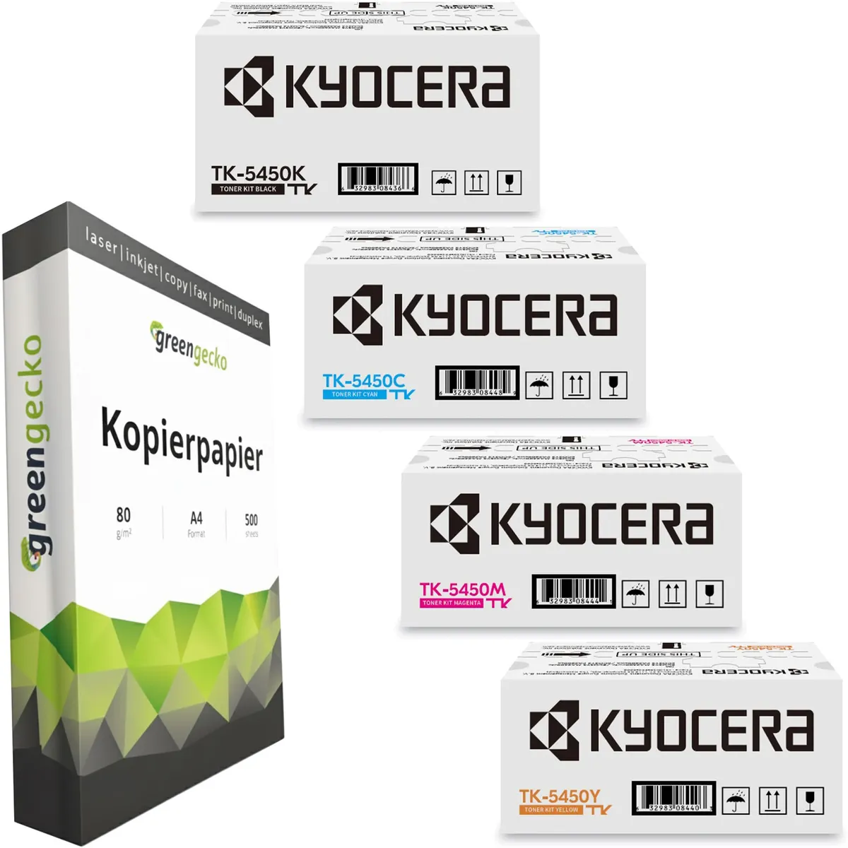 Kyocera TK-5450 Toner Sparset schwarz, cyan, magenta, gelb (4 Stück) & green gecko Kopierpapier