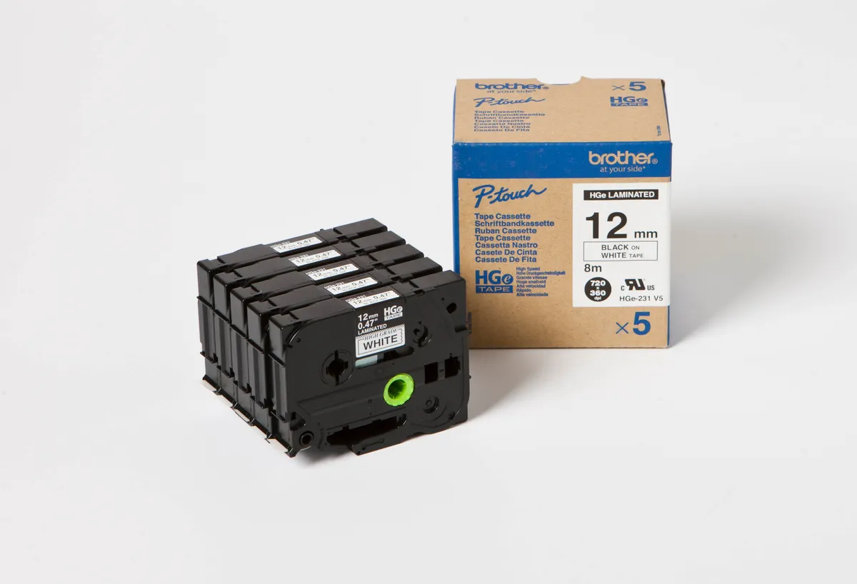Brother HGE-231V5 Schriftband schwarz auf weiß (12mm x 8m, 5 Stück)