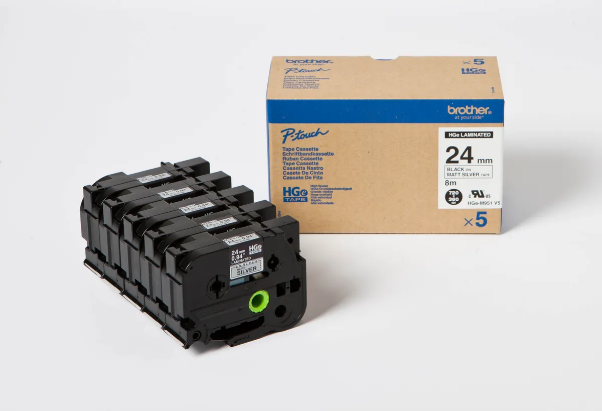 Brother HGE-M951V5 Schriftband Schwarz auf silber (matt) (24mm x 8m, 5 Stück)