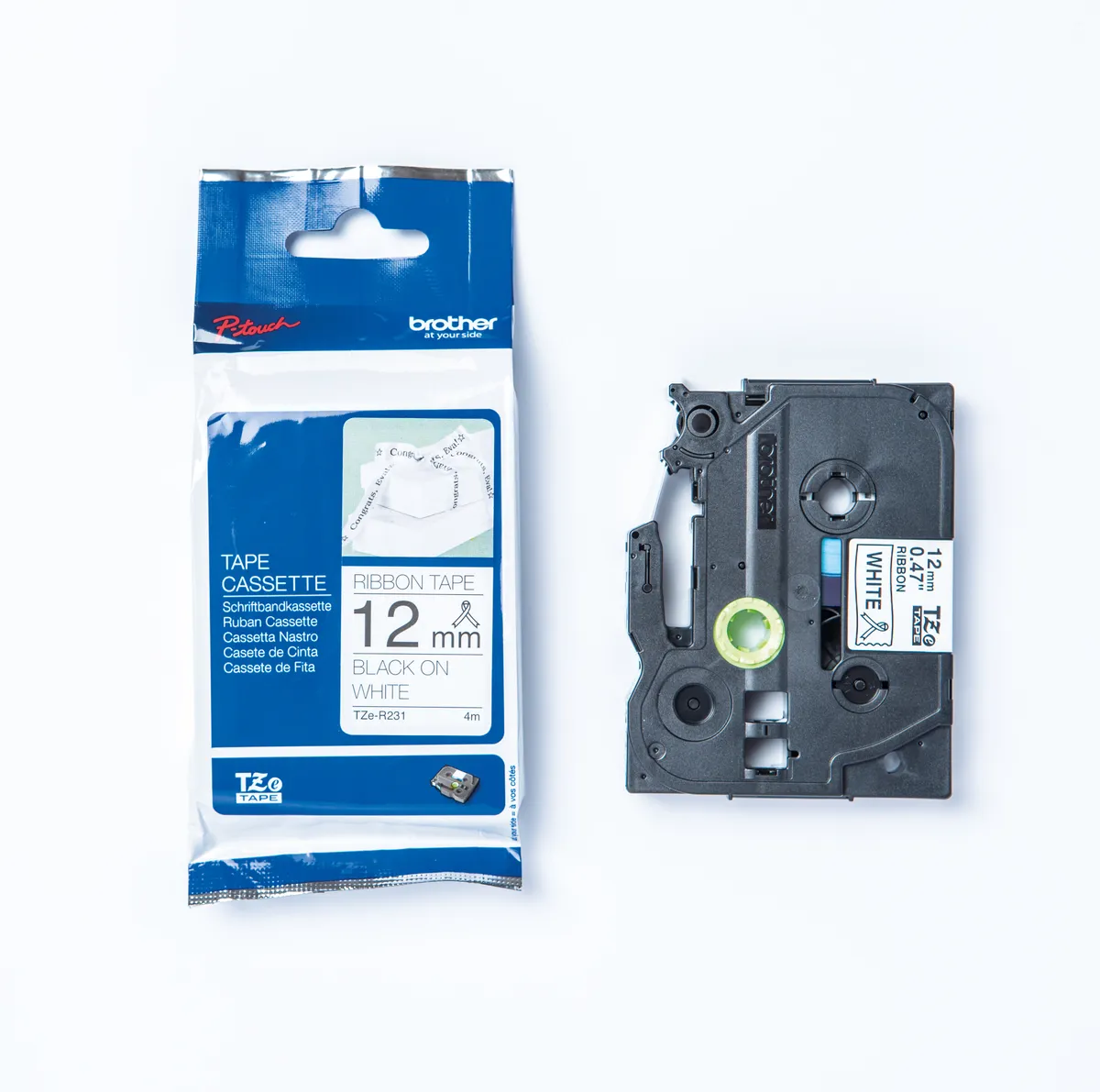 Brother TZE-R231 Textilband schwarz auf weiß (12mm x 4m)