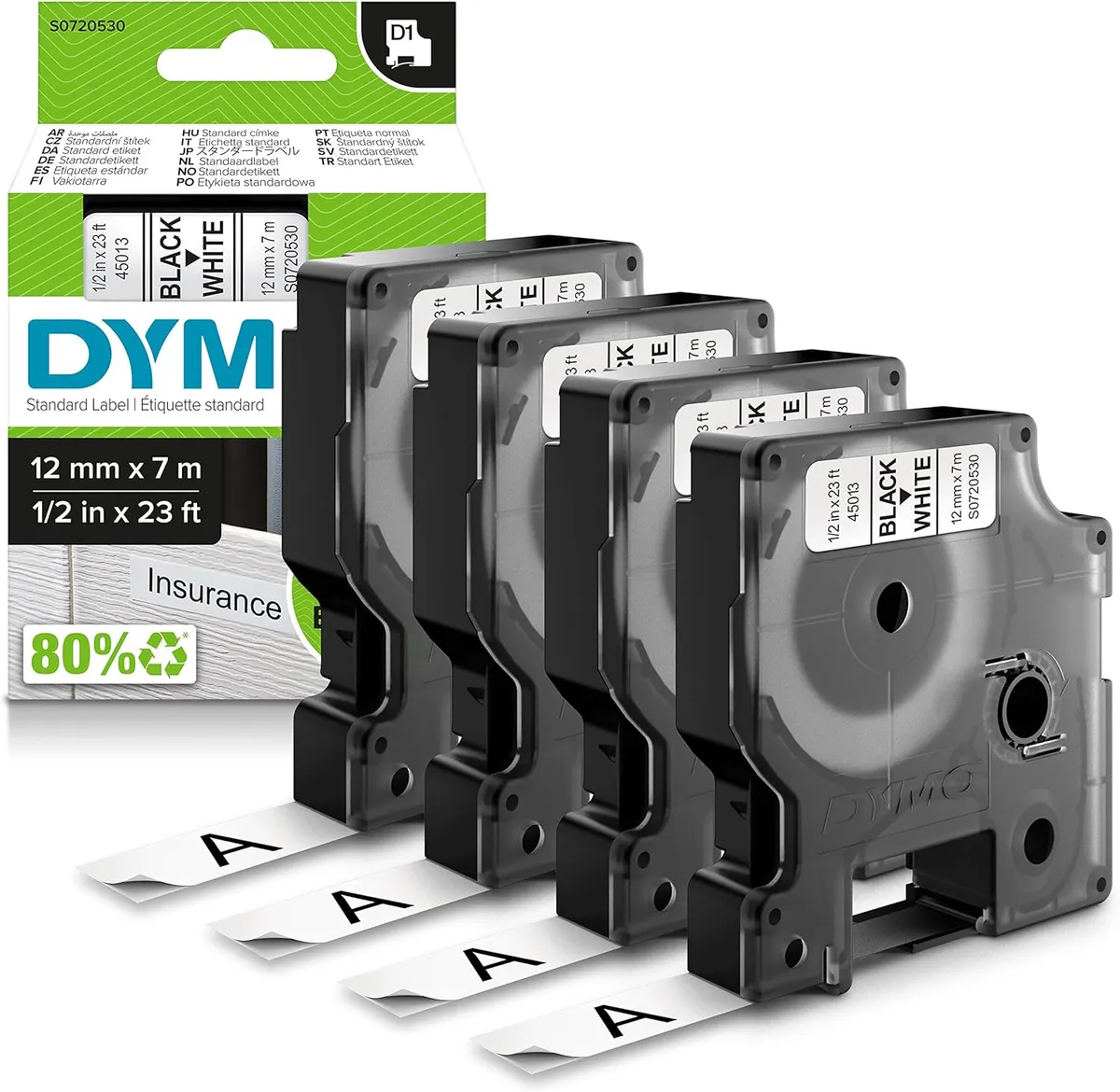 Dymo 45013 / S0720530 Schriftband schwarz auf weiß (12mm x 7m, 4 Stück)
