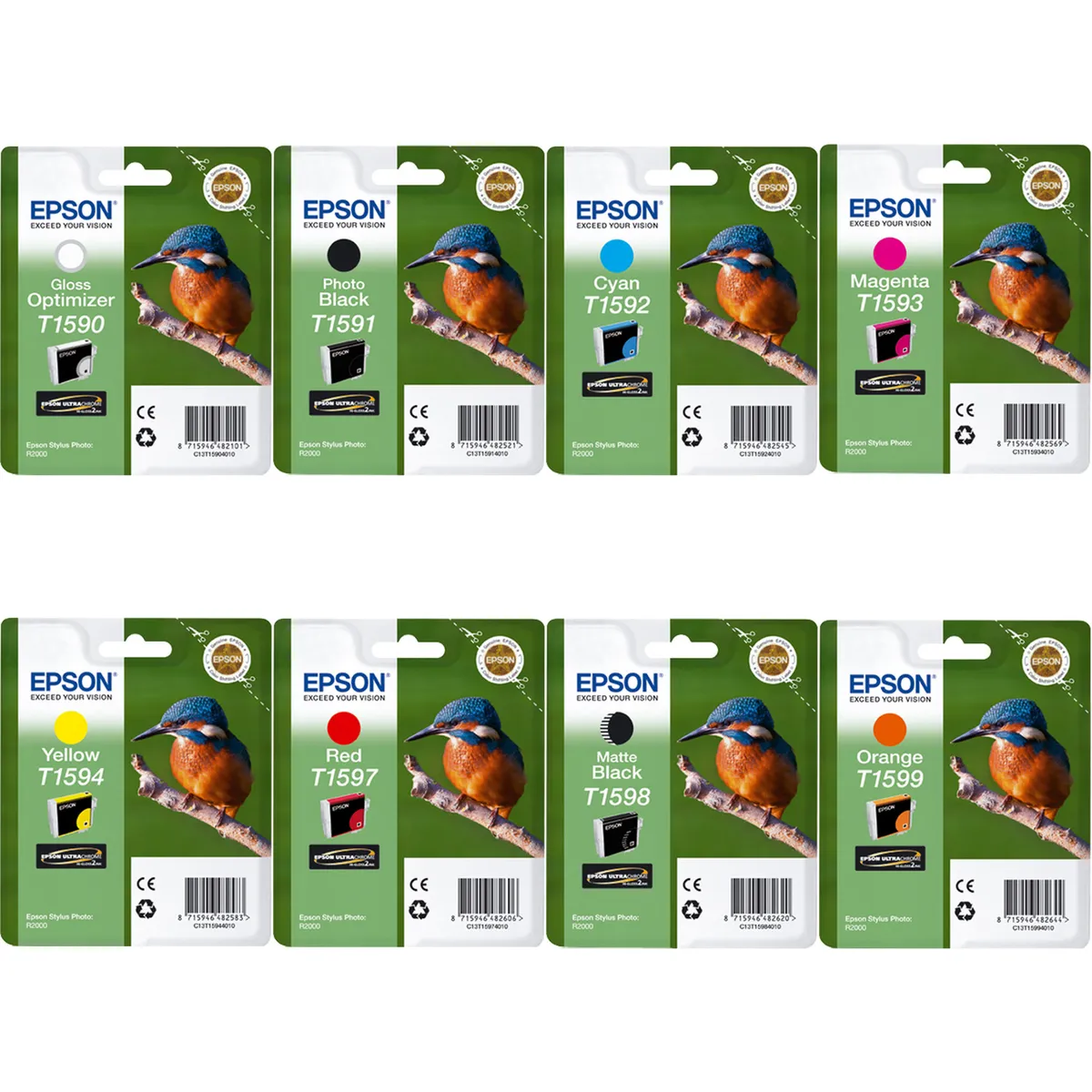 Epson T1590 / T1591 / T1592 / T1593 / T1594 / T1597 / T1598 / T1599 Tinten Sparset schwarz, cyan, magenta, gelb, photo schwarz, matt schwarz, rot, glossy optimizer, orange (8 Stück)