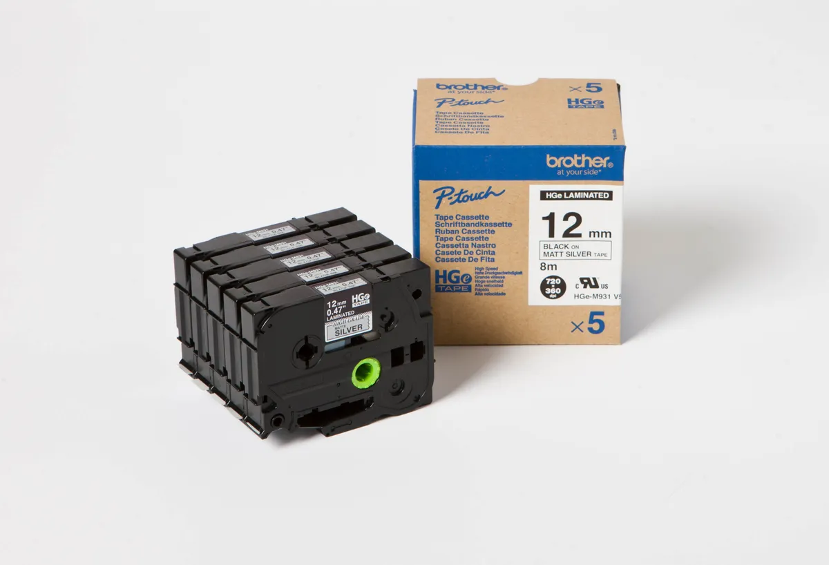 Brother HGE-M931V5 Schriftband schwarz auf silber (12mmx 8m, 5 Stück)