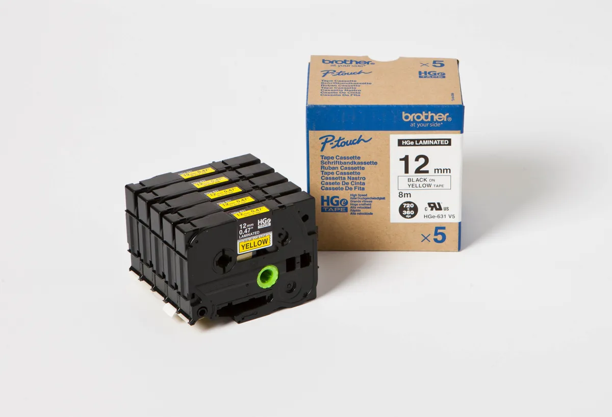 Brother HGE-631V5 Schriftband schwarz auf gelb (12mm x 8m, 5 Stück)