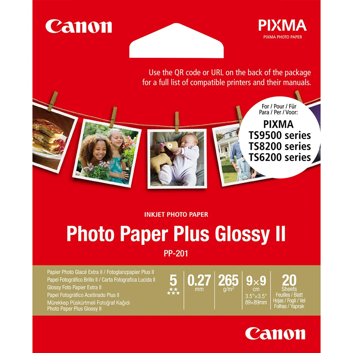 Canon PP-201 / 2311B070 / Plus Glossy II Fotopapier weiß (8,9 x 8,9cm, 3,5''x 3,5'', 20 Blatt, 265 g/m²)