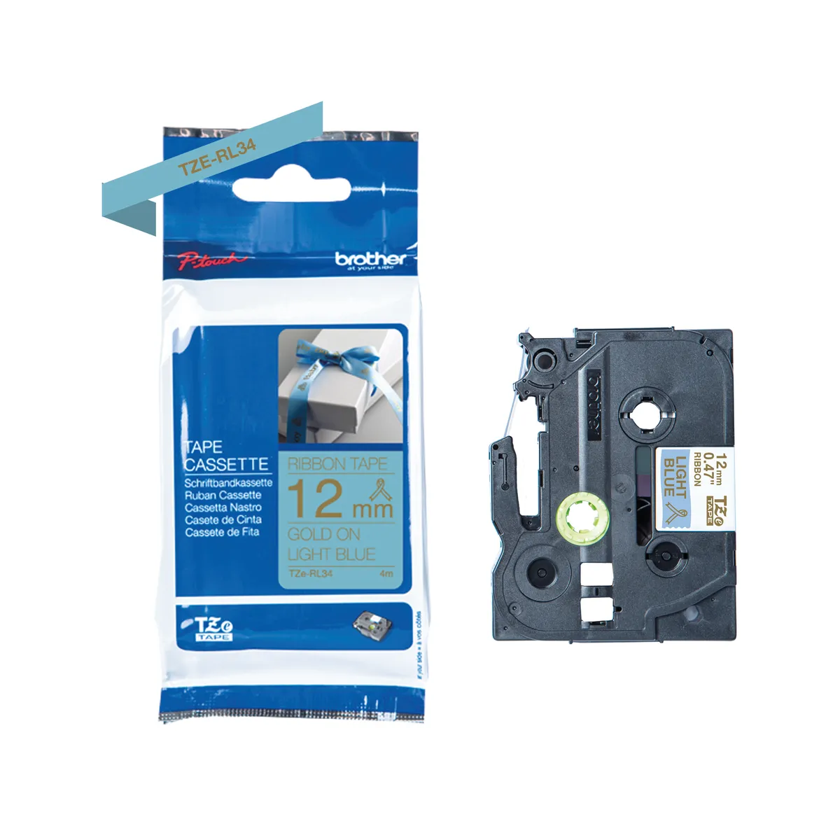 Brother TZE-RL34 Schriftband gold auf hellblau (12mm x 4m)