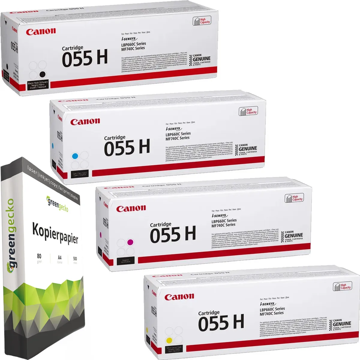 Canon 055H Toner Sparset schwarz, cyan, magenta, gelb (4 Stück) & green gecko Kopierpapier