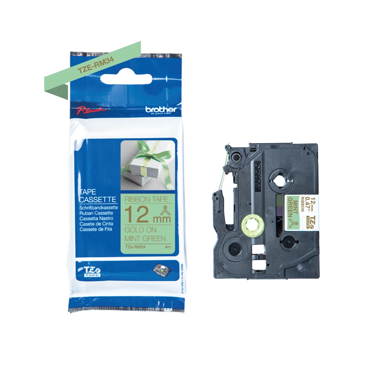 Brother TZE-RM34 Schriftband gold auf mintgrün (12mm x 4m)