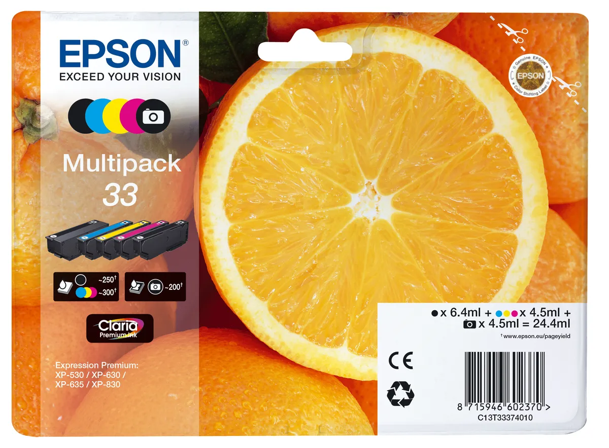 Epson 33 / T3337 / C13T33374011 / C13T33374021 Tinten Sparset schwarz, photo schwarz, cyan, magenta, gelb (5 Stück)