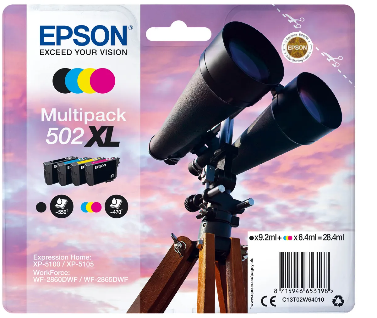 Epson 502XL / T02W6 / C13T02W64010 / C13T02W64020 Tinten Sparset schwarz, cyan, magenta, gelb (4 Stück)