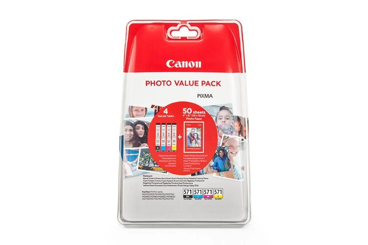 Canon CLI-571 / 0386C006 / 0386C007 Tinten Sparset schwarz, cyan, magenta, gelb (4 Stück) (inkl. 50 Blatt Fotopapier)