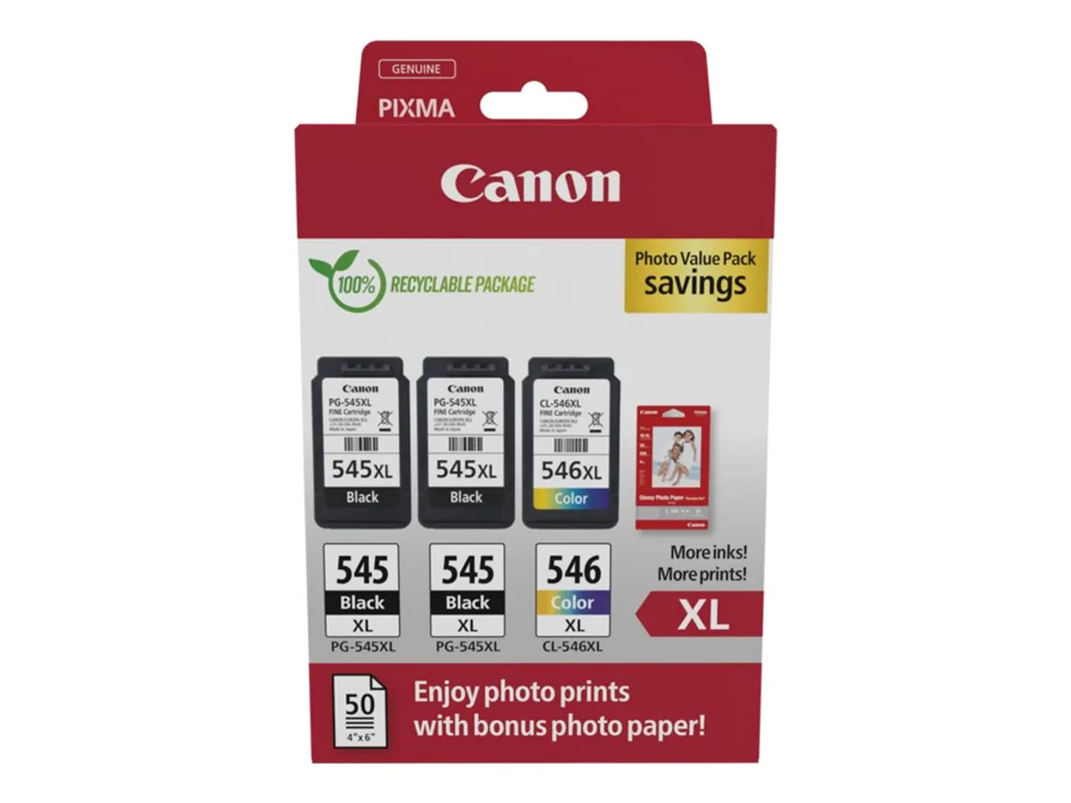 Canon PG-545XL & CL-546XL / 8286B015 Tinten Sparset schwarz, color (3 Stück) (inkl. 50 Blatt Fotopapier)