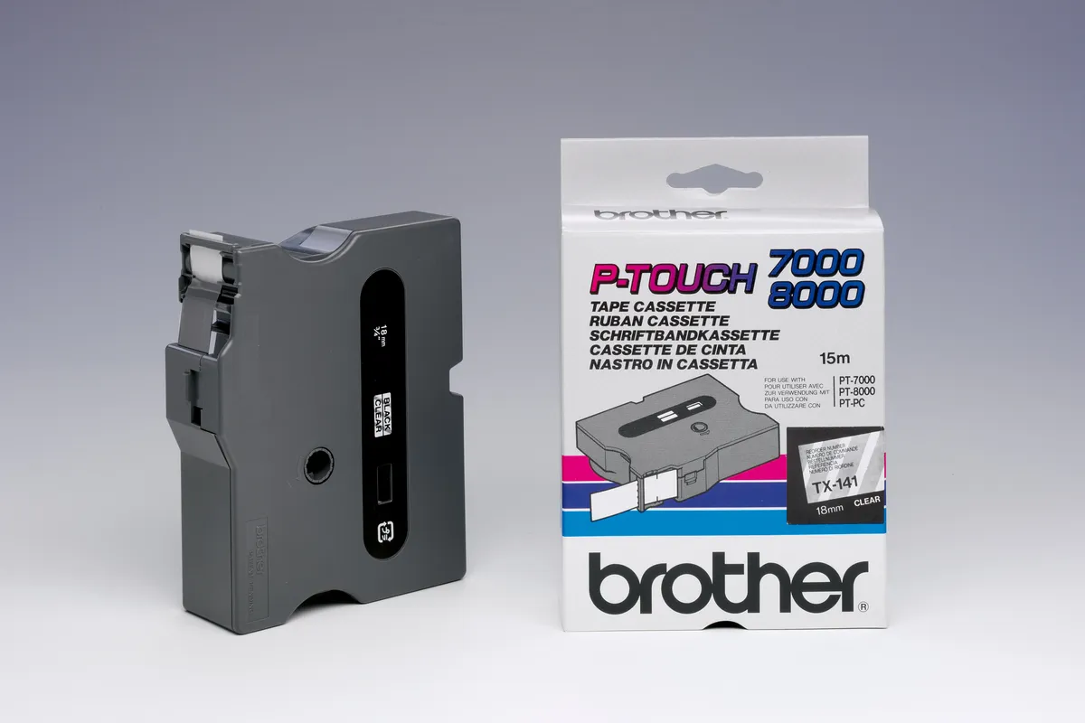 Brother TX-141 Schriftband schwarz auf transparent (18mm x 15m)