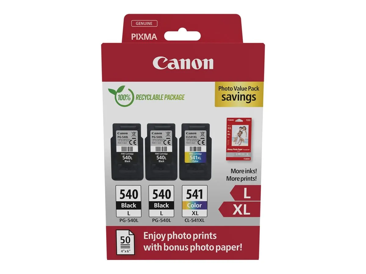 Canon PG-540L & CL-541XL / 5224B015 Tinten Sparset schwarz, color (3 Stück) (inkl. 50 Blatt Fotopapier)