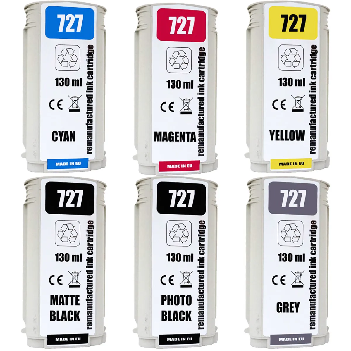 Tinten Sparset kompatibel zu HP 727 / B3P19A / B3P20A / B3P21A / B3P22A / B3P23A / B3P24A cyan, magenta, gelb, matt schwarz, photo schwarz, grau  (6 Stück)