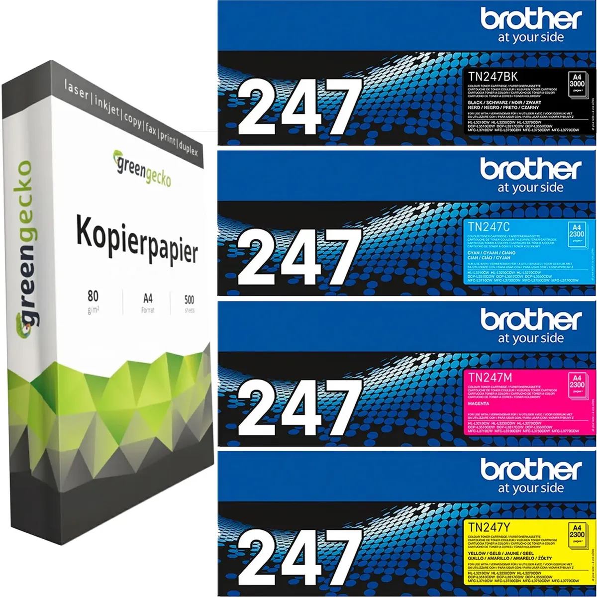 Brother TN-247 Toner Sparset schwarz, cyan, magenta, gelb (4 Stück) & green gecko Kopierpapier