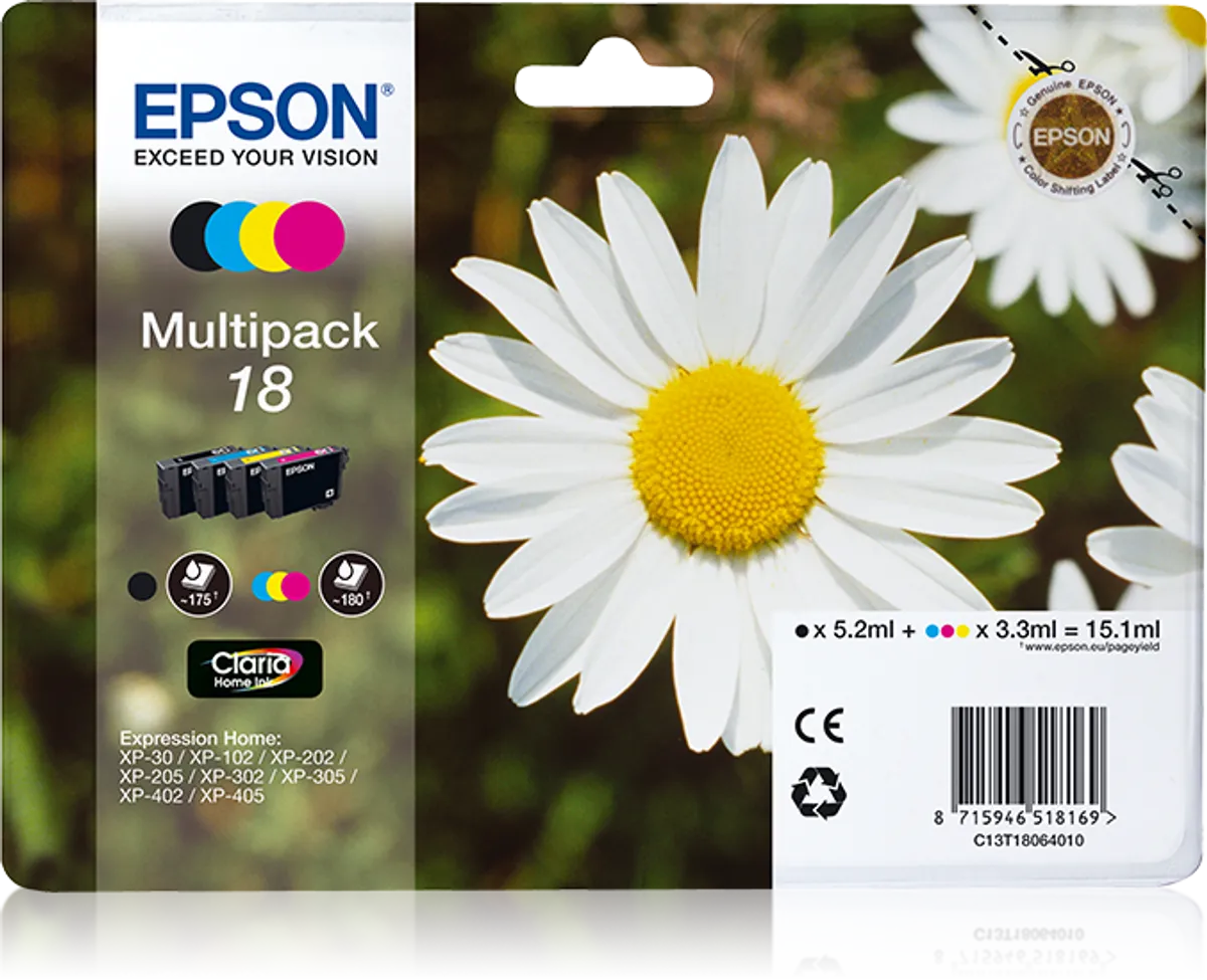 Epson 18 / T1806 / C13T18064012 / C13T18064022 Tinten Sparset schwarz, cyan, magenta, gelb (4 Stück)