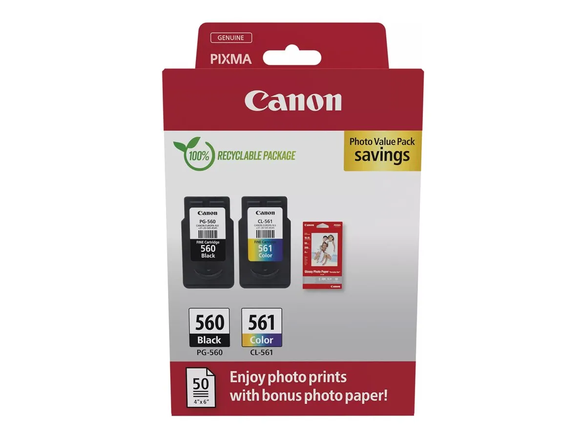 Canon PG-560 & CL-561 / 3713C008 Tinten Sparset schwarz, color (2 Stück) (inkl. 50 Blatt Fotopapier)