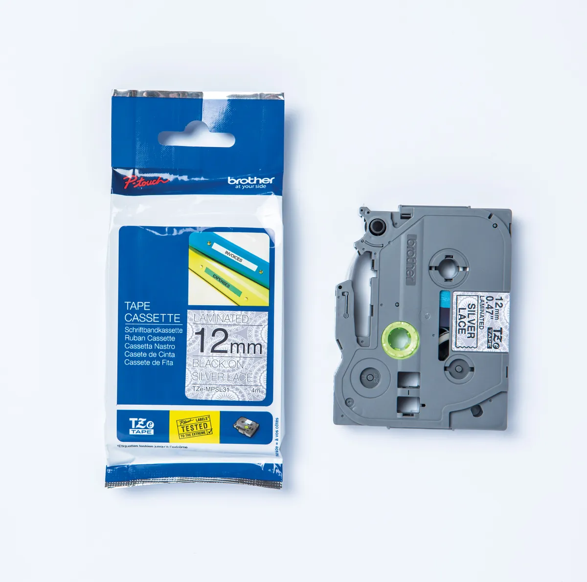 Brother TZE-MPSL31 Schriftband schwarz auf silber Spitze (12mm x 4m)