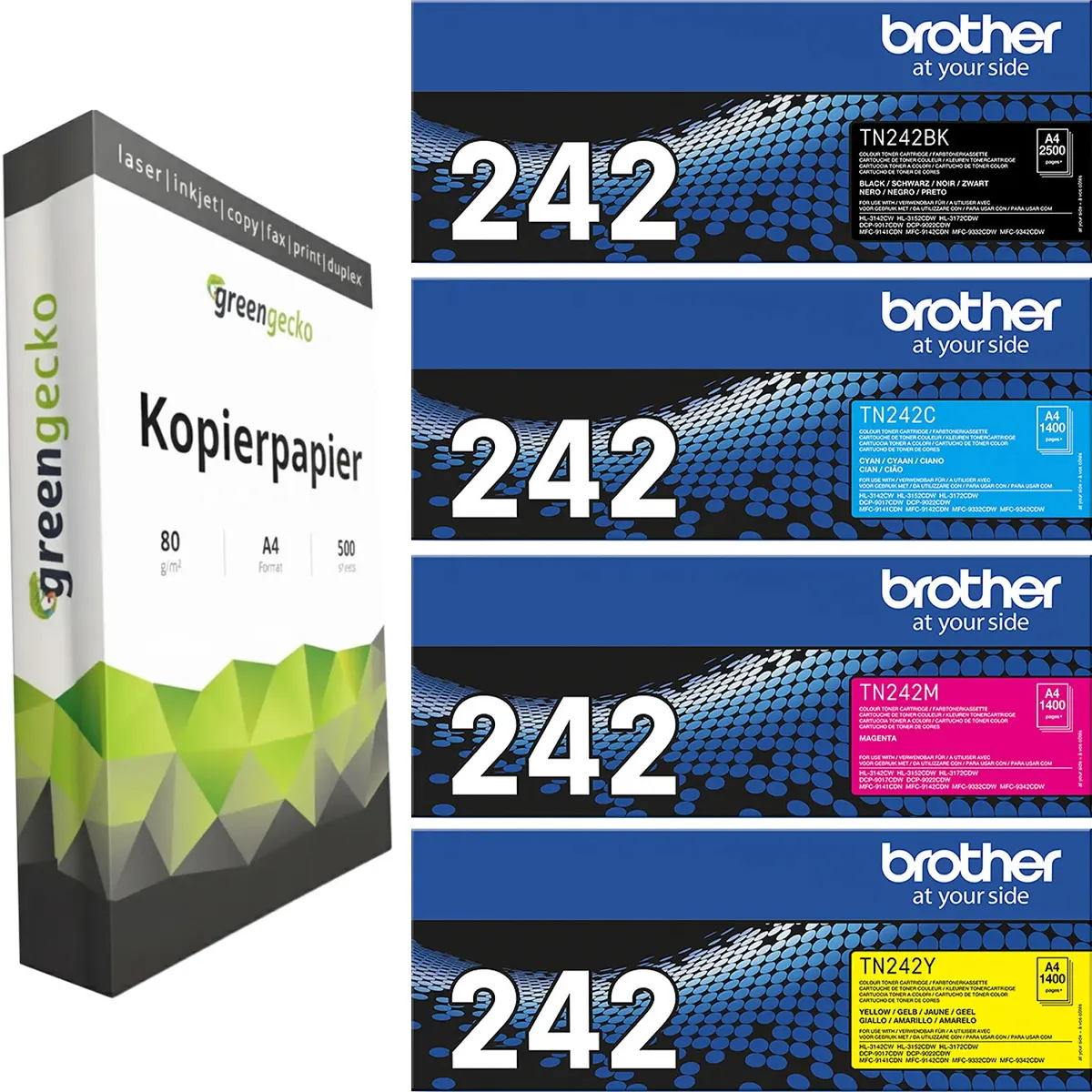 Brother TN-242 Toner Sparset schwarz, cyan, magenta, gelb (4 Stück) & green gecko Kopierpapier