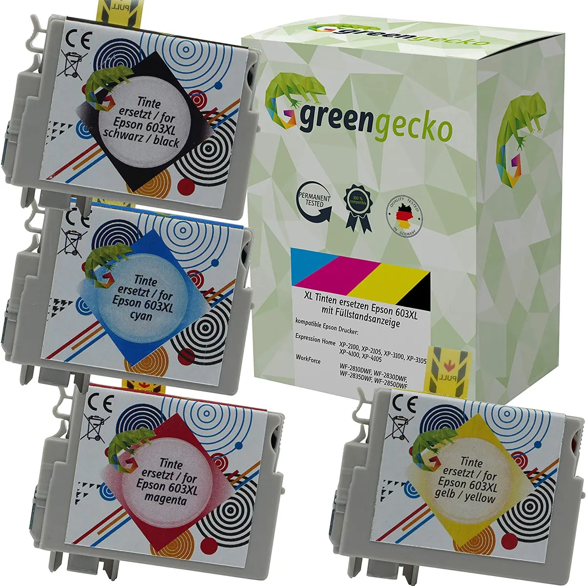 XL green gecko Tinten Sparset kompatibel zu Epson 603XL / T03A6 / C13T03A64010 schwarz, cyan, magenta, gelb  (4 Stück)
