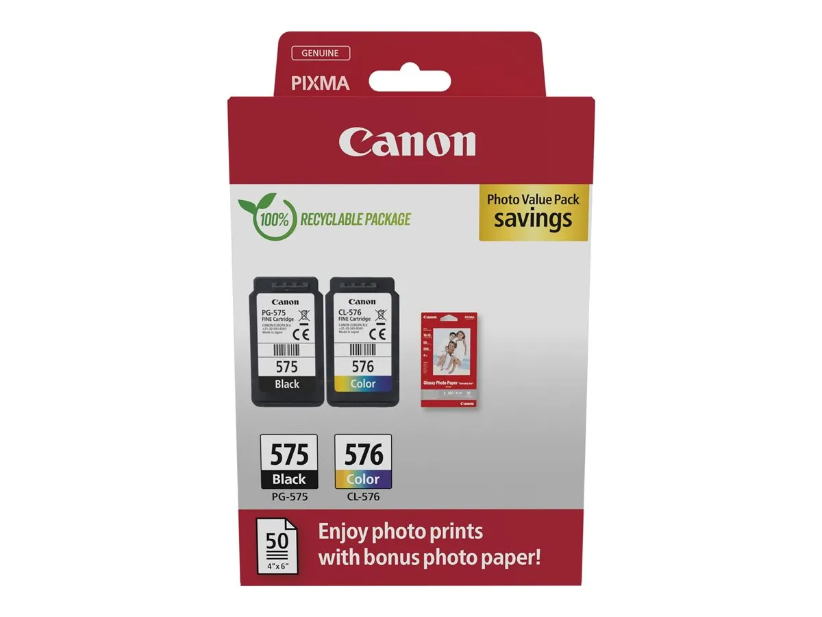 Canon PG-575 & CL-576 / 5438C004 Tinten Sparset schwarz, color (2 Stück) (inkl. 50 Blatt Fotopapier)