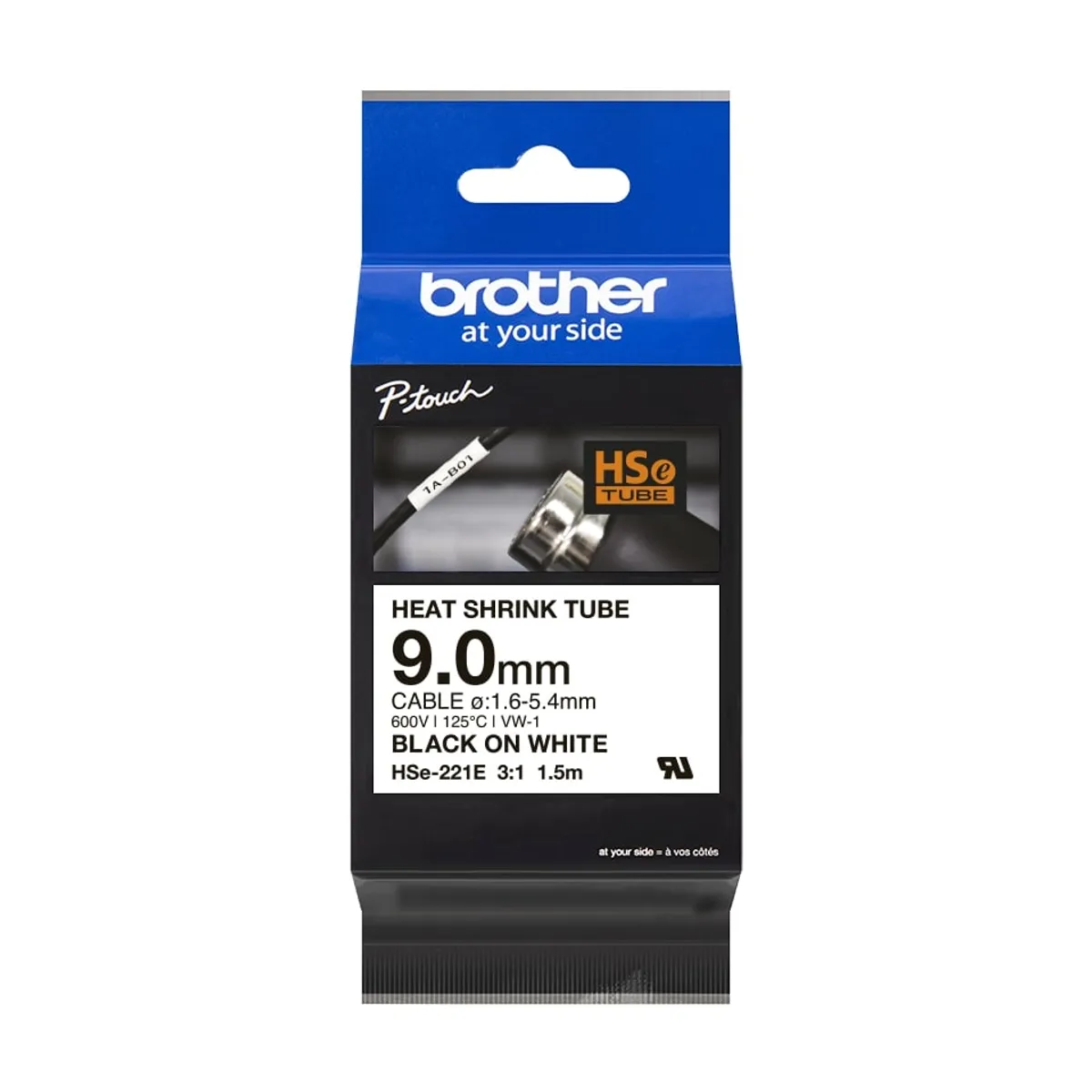 Brother HSE-221E Heissschrumpfschlauch schwarz auf weiß (9mm x 1,5m)
