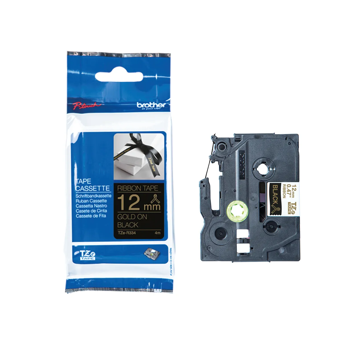 Brother TZE-R334 Schriftband gold auf schwarz (12mm x 4m)