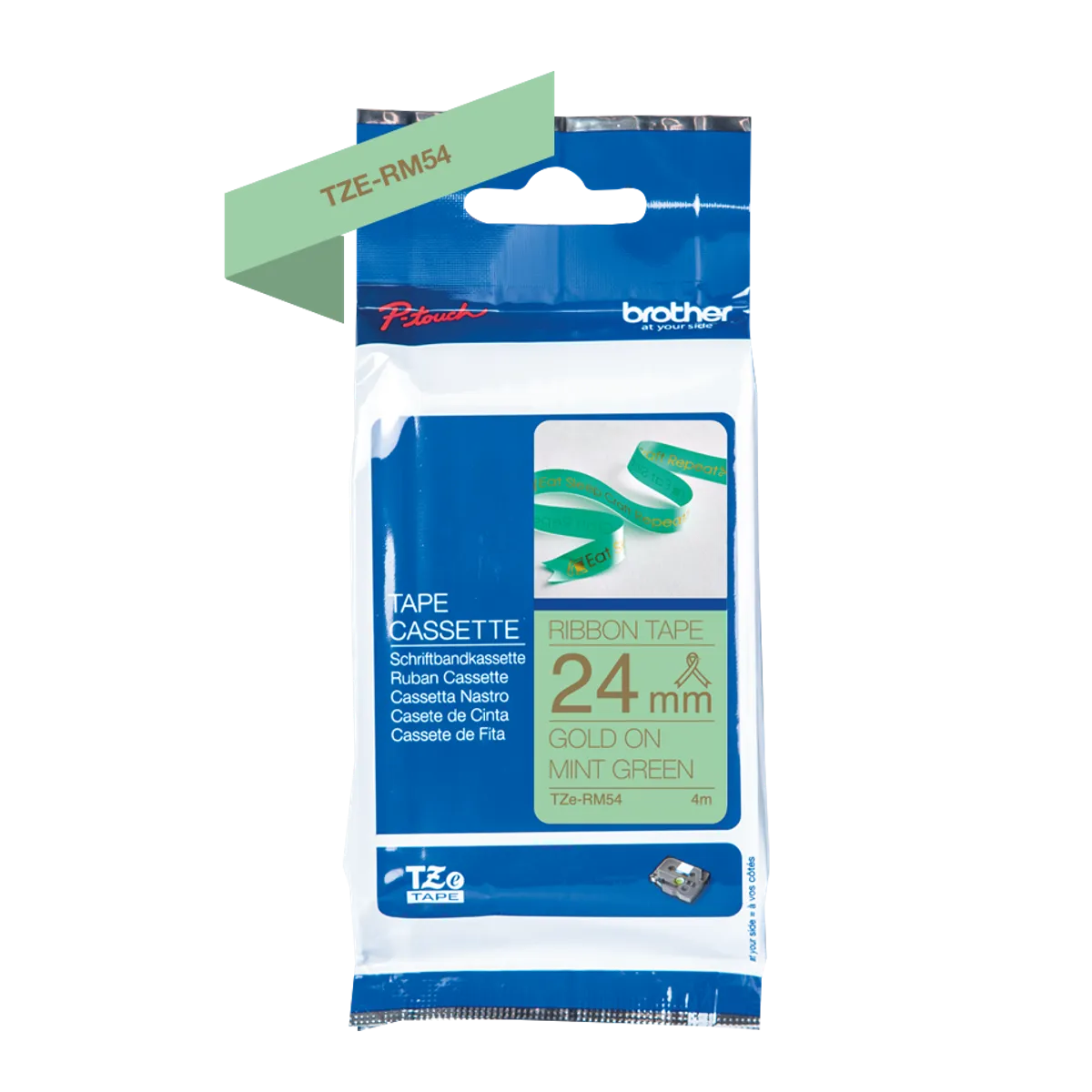 Brother TZE-RM54 Schriftband gold auf mintgrün (24mm x 4m)