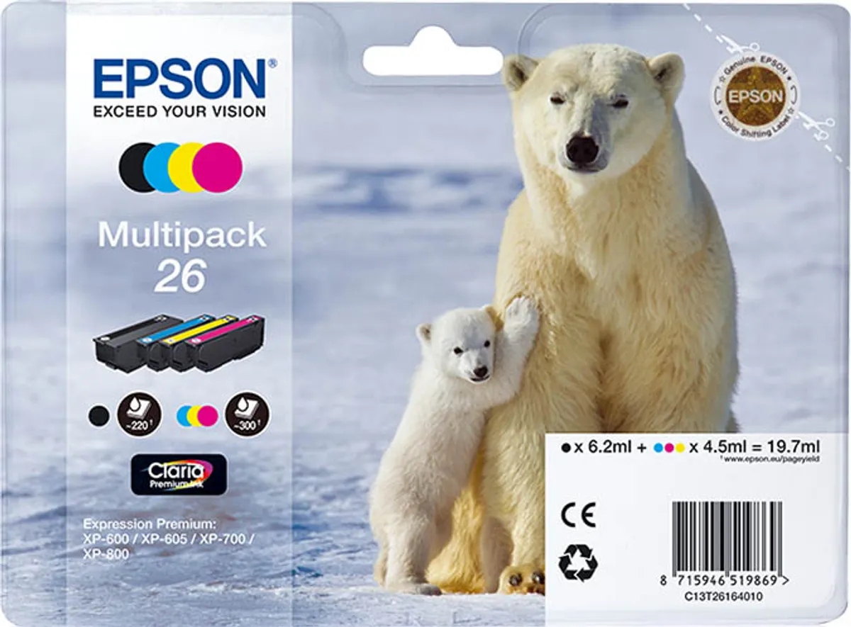 Epson 26 / T2616 / C13T26164010 / C13T26164020 / C13T26164511 Tinten Sparset schwarz, cyan, magenta, gelb (4 Stück)