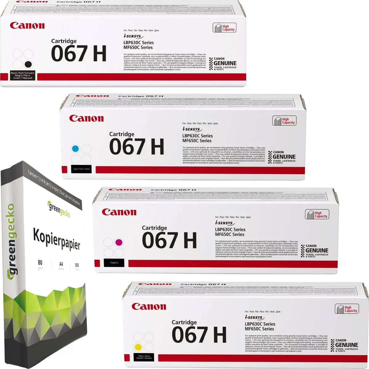 Canon 067H Toner Sparset schwarz, cyan, magenta, gelb (4 Stück) & green gecko Kopierpapier
