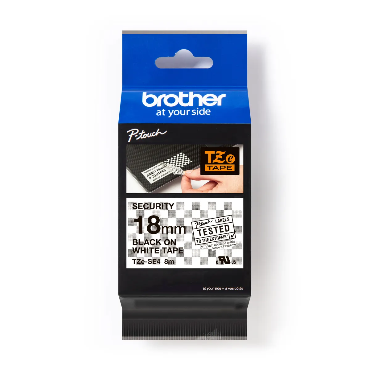 Brother TZE-SE4 Schriftband schwarz auf weiß (18mm x 8m, Sicherheits- und Siegelband)