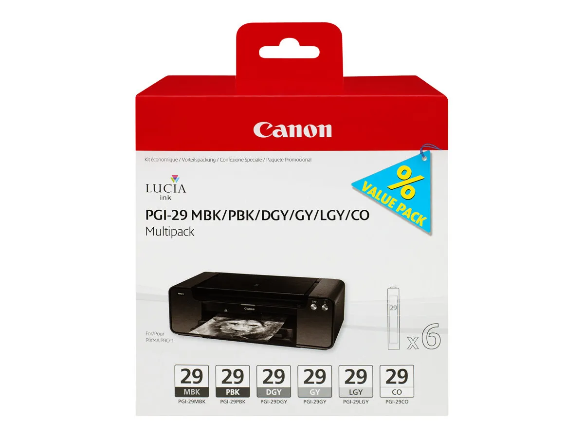Canon PGI-29 / 4868B018 Tinten Sparset photo schwarz, matt schwarz, grau, glossy optimizer (6 Stück)