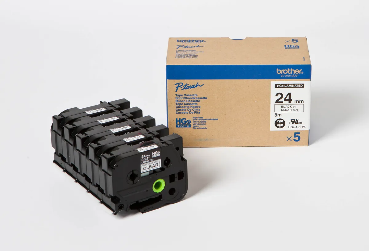 Brother HGE-151V5 Schriftband schwarz auf transparent (24mm x 8m, 5 Stück)