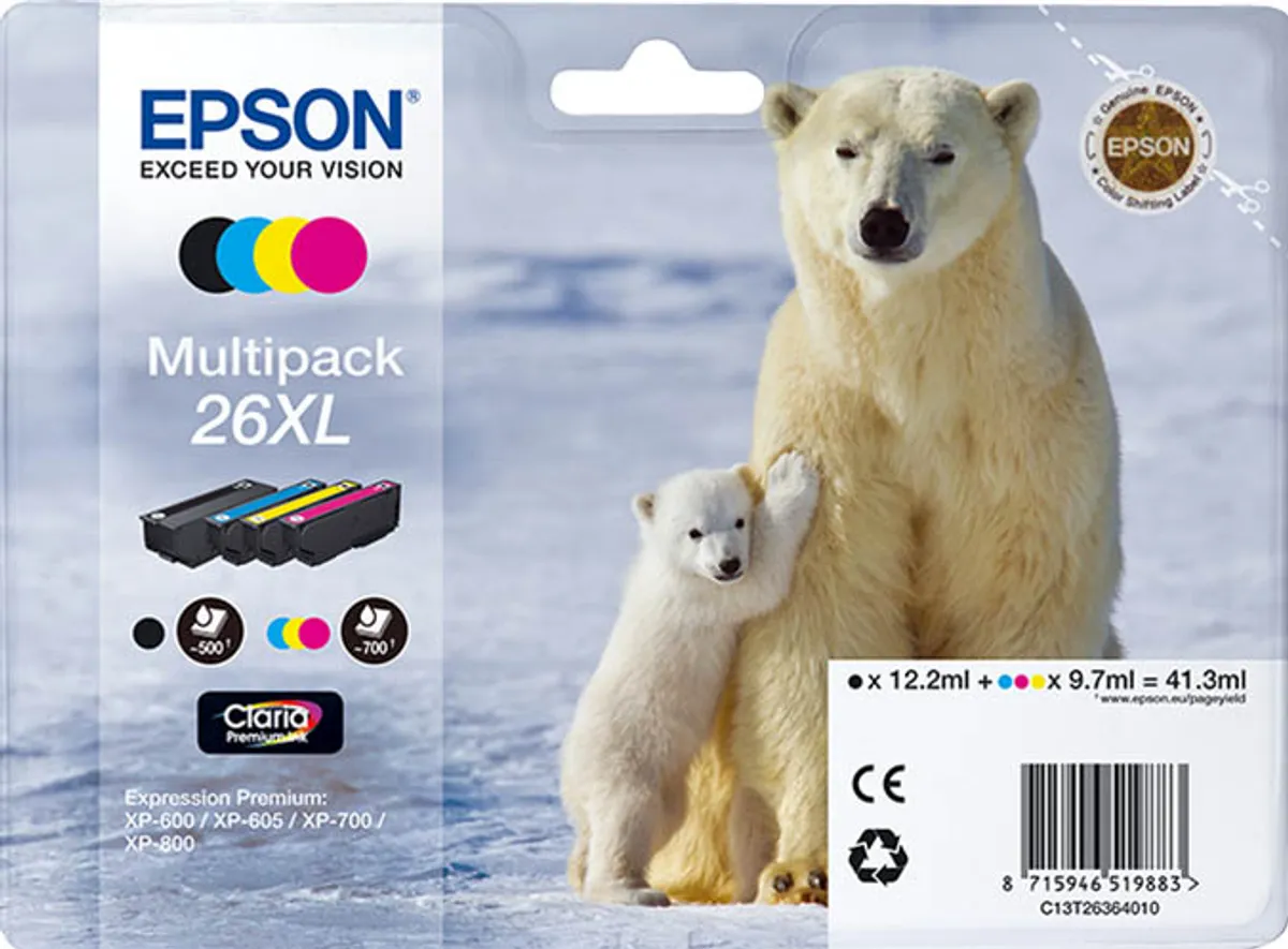 Epson 26XL / T2636 / C13T26364010 / C13T26364020 / C13T26364511 Tinten Sparset schwarz, cyan, magenta, gelb (4 Stück)