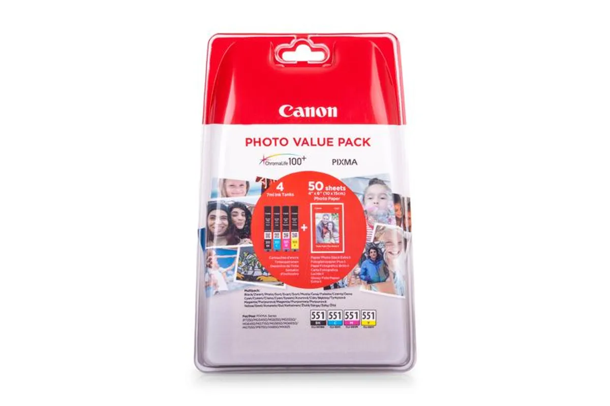 Canon CLI-551 / 6508B005 Tinten Sparset schwarz, cyan, magenta, gelb (4 Stück) (inkl. 50 Blatt Fotopapier)