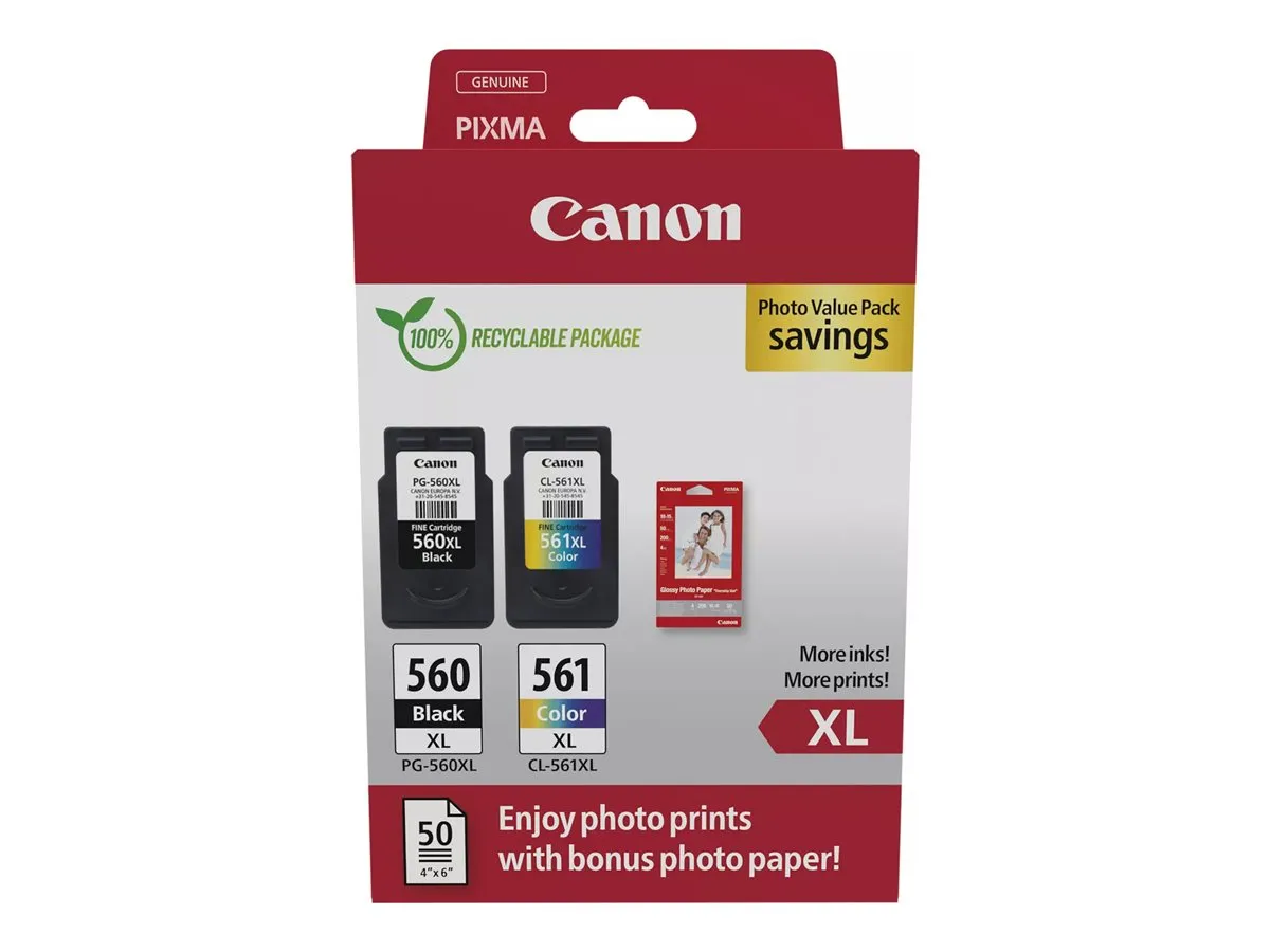 Canon PG-560XL & CL-561XL / 3712C008 Tinten Sparset schwarz, color (2 Stück) (inkl. 50 Blatt Fotopapier)