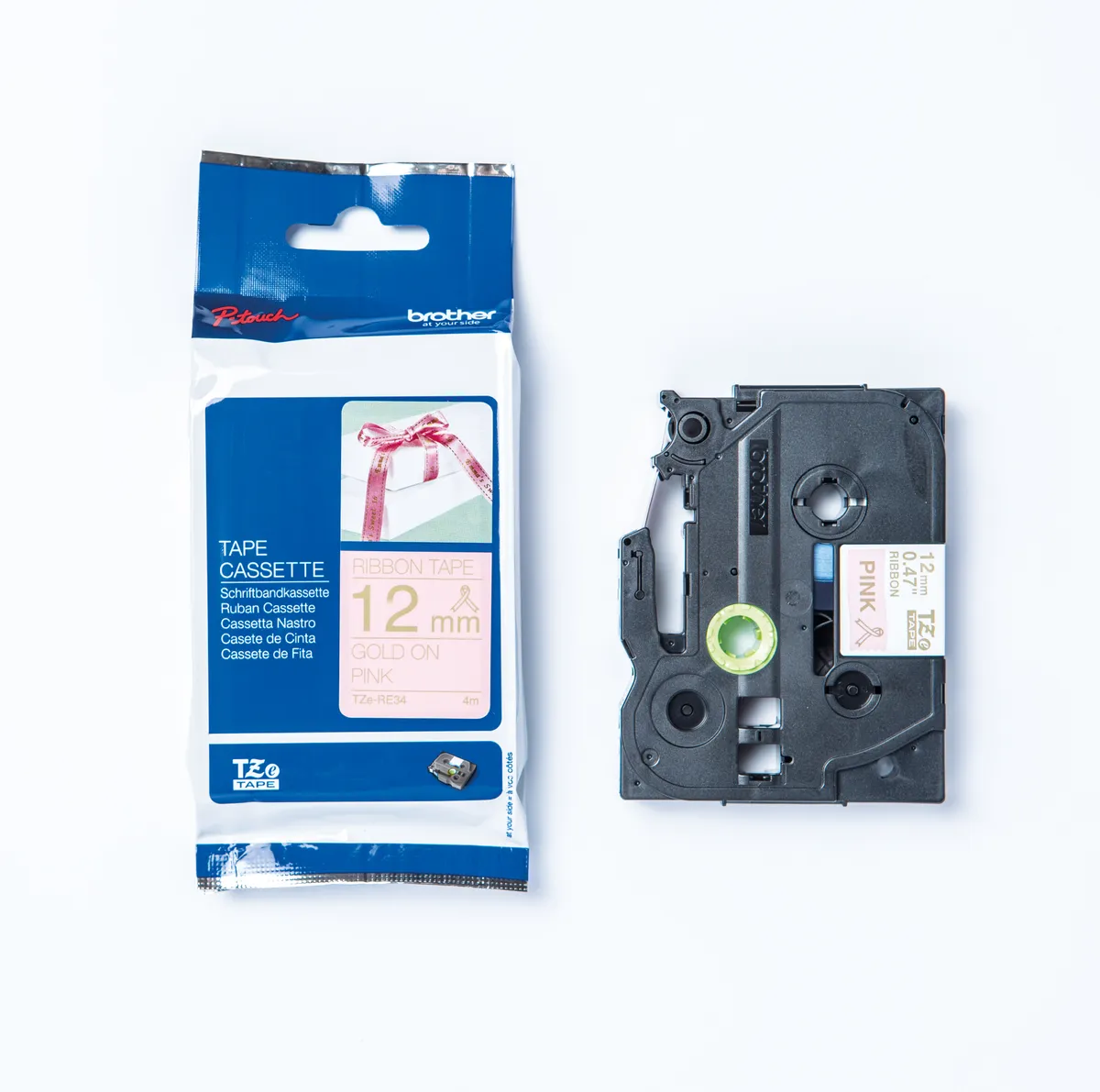 Brother TZE-RE34 Textilband gold auf rosa (12mm x 4m)