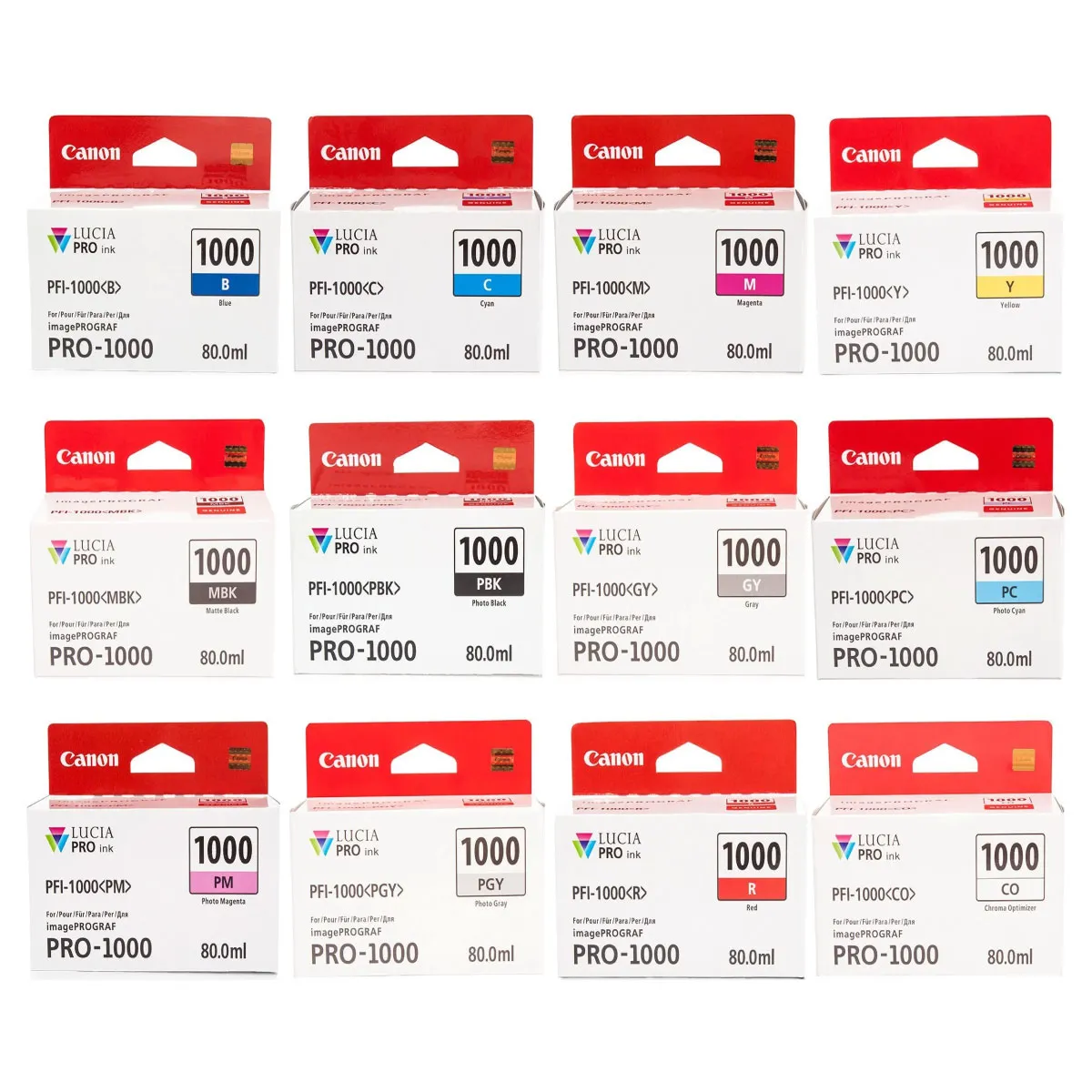 Canon PFI-1000 Tinten Sparset cyan, magenta, gelb, photo schwarz, matt schwarz, photo cyan, photo magenta, grau, photo grau, rot, blau, chroma optimizer (12 Stück)