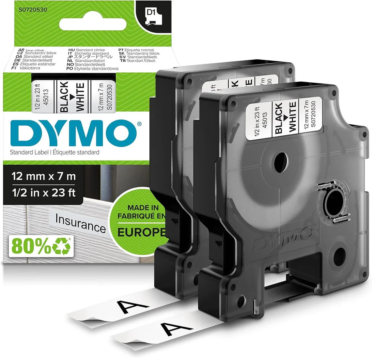 Dymo 45013 / S0720530 Schriftband schwarz auf weiß (12mm x 7m, 2 Stück)