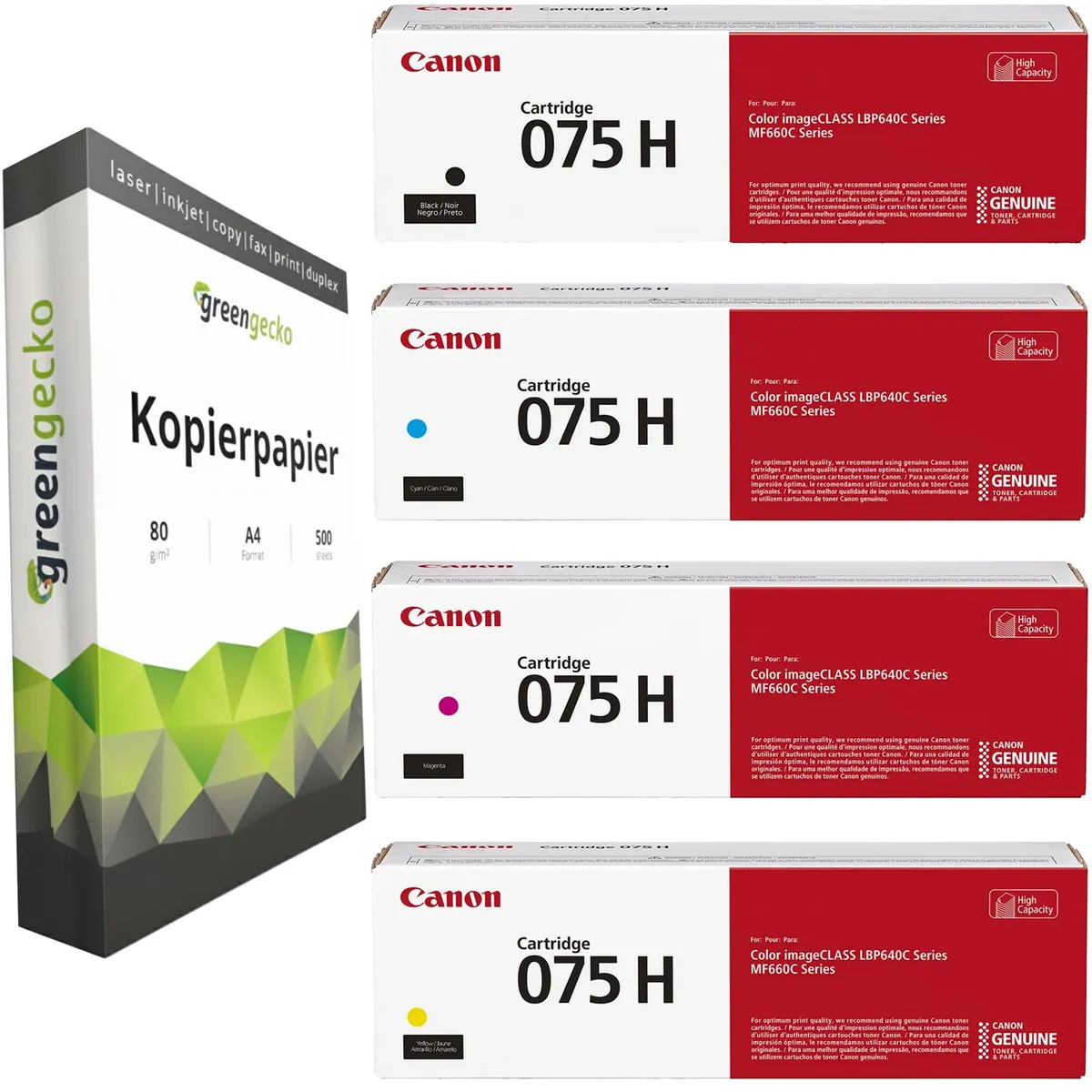 Canon 075H Toner Sparset schwarz, cyan, magenta, gelb (4 Stück) & green gecko Kopierpapier