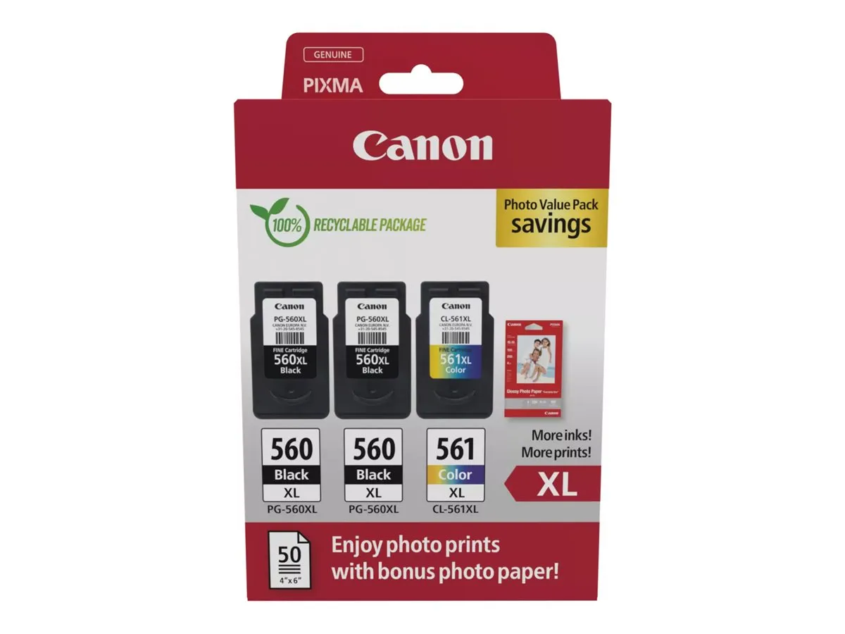 Canon PG-560XL & CL-561XL / 3712C012 Tinten Sparset schwarz, color (3 Stück) (inkl. 50 Blatt Fotopapier)