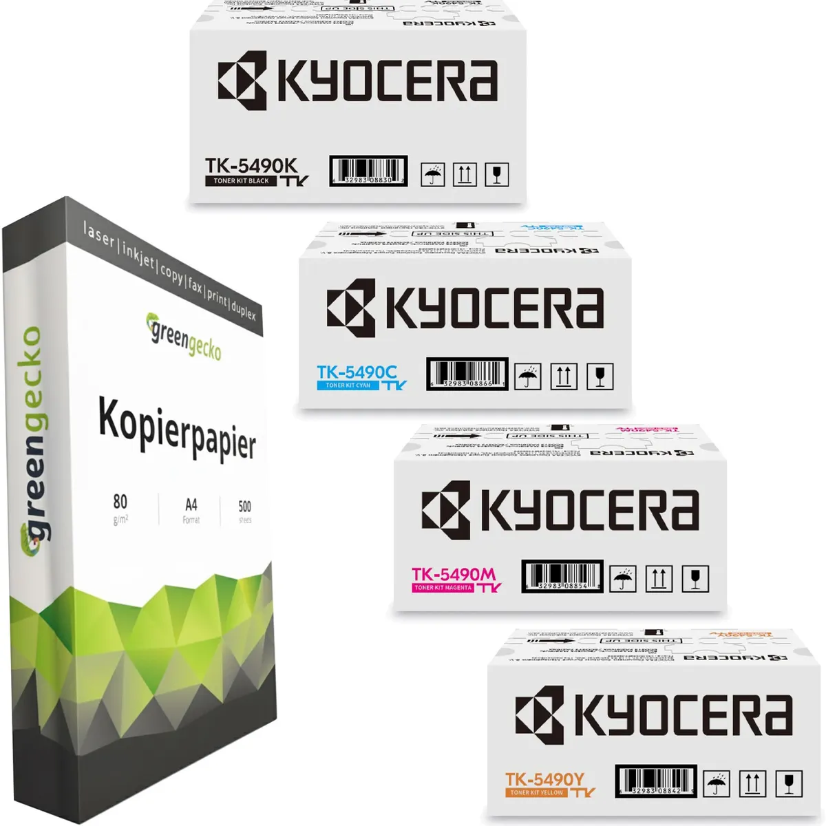 Kyocera TK-5490 Toner Sparset schwarz, cyan, magenta, gelb (4 Stück) & green gecko Kopierpapier