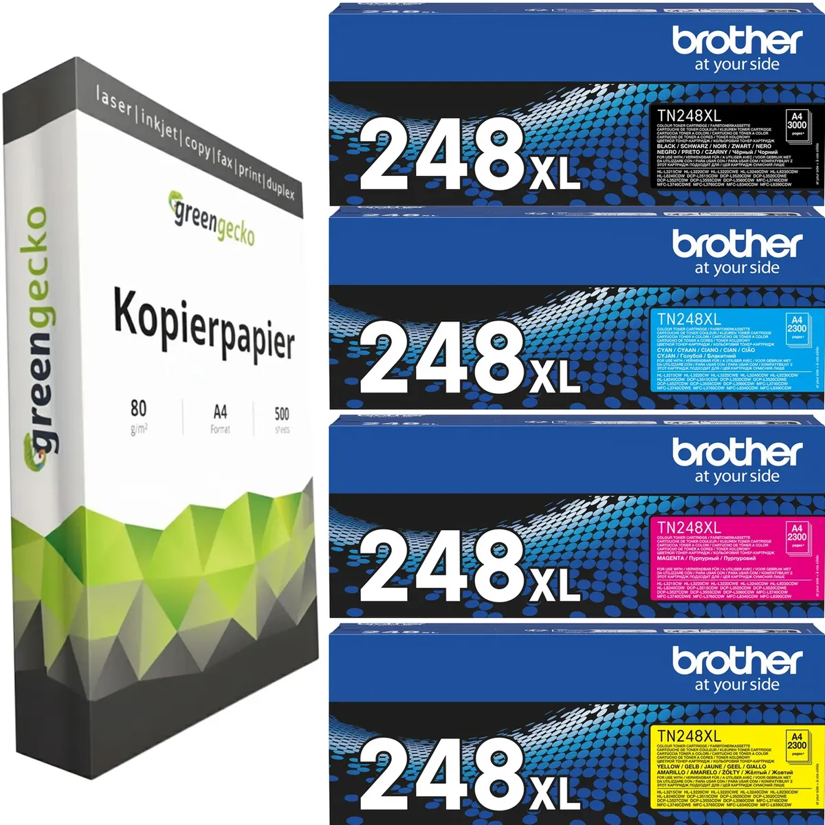 Brother TN-248XL Toner Sparset schwarz, cyan, magenta, gelb (4 Stück) & green gecko Kopierpapier