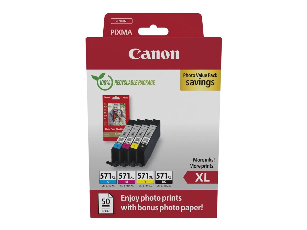 Canon CLI-571XL / 0332C006 Tinten Sparset schwarz, cyan, magenta, gelb (4 Stück) & 50 Blatt Fotopapier