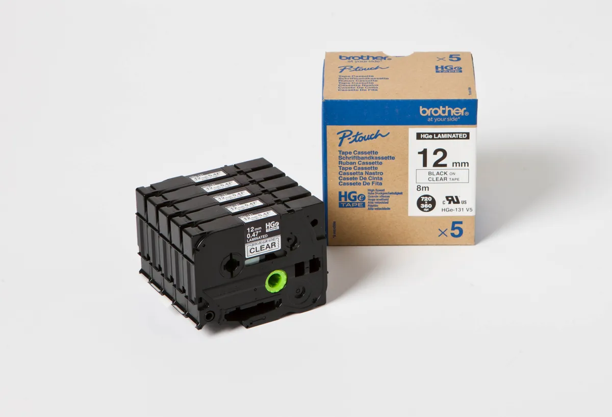 Brother HGE-131V5 Schriftband schwarz auf transparent (12mm x 8m, 5 Stück)