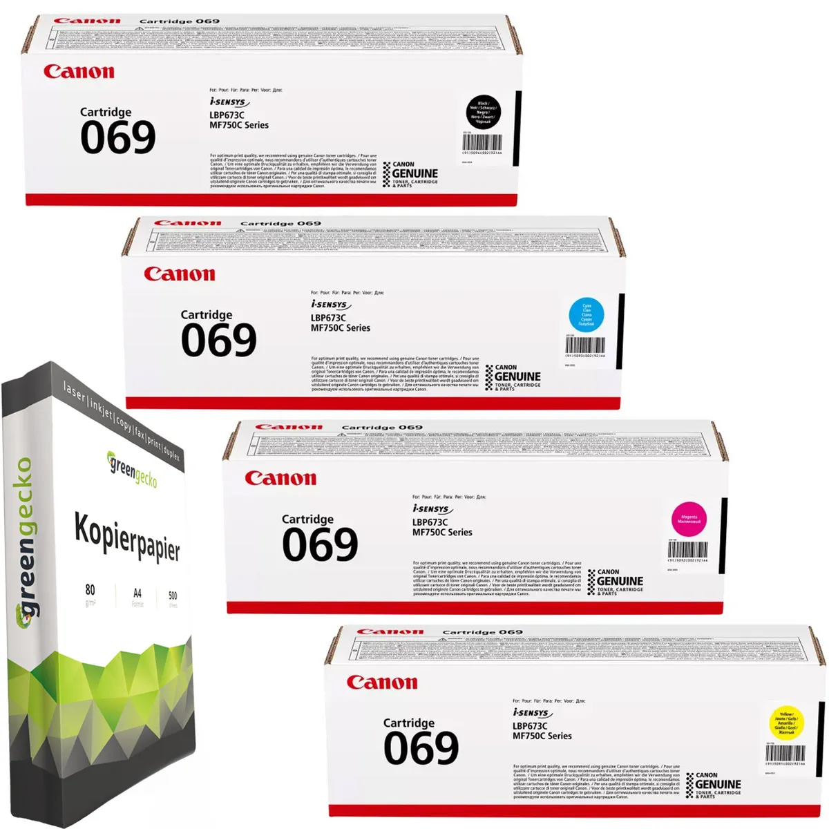 Canon 069 Toner Sparset schwarz, cyan, magenta, gelb (4 Stück) & green gecko Kopierpapier